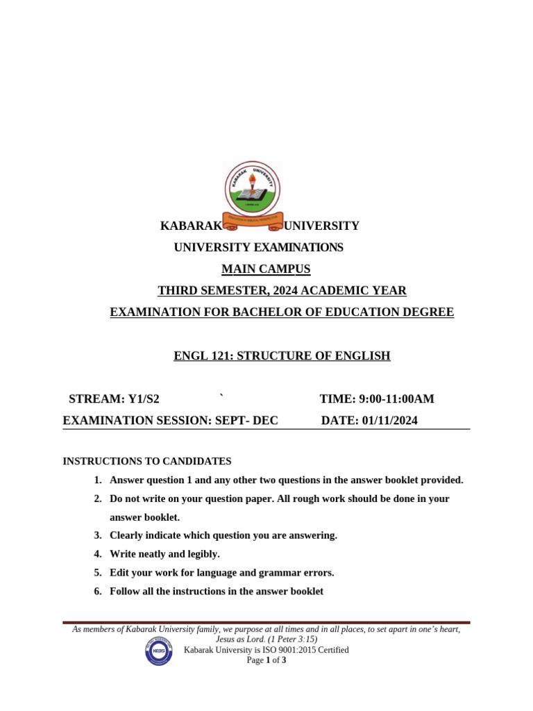 Engl 121 Structure of English - Kabarak University | PDF | Noun | Pronoun
