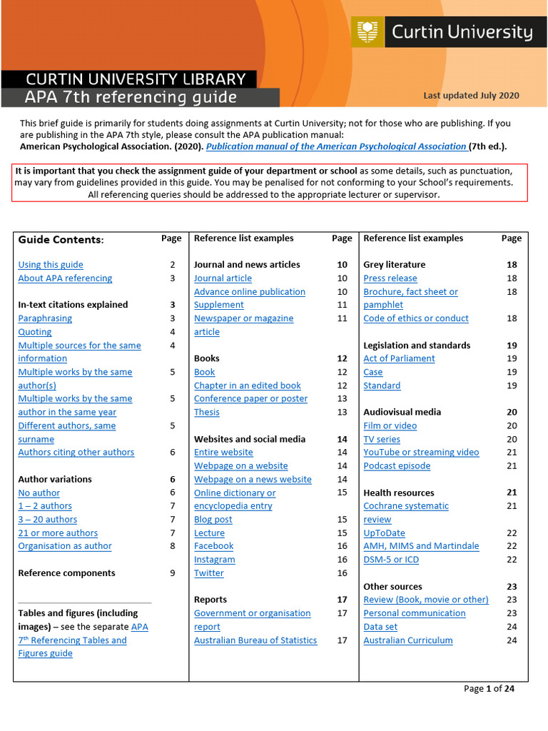 APA - 7th - Referencing - Guide (Curtin University) | PDF | Citation ...