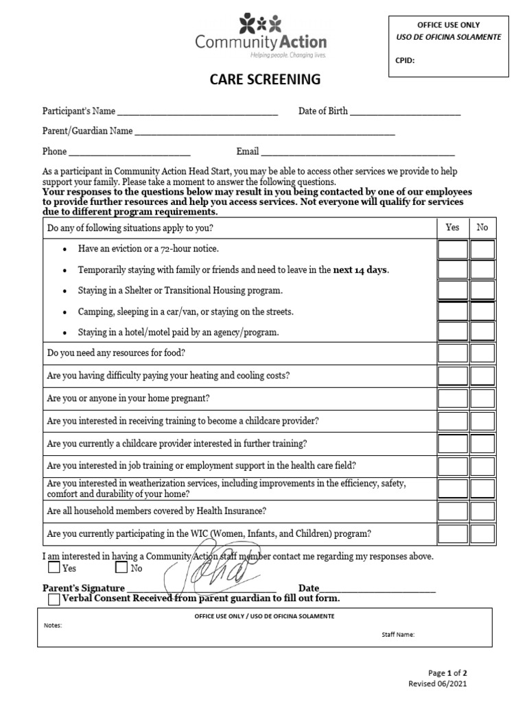 CARE Screening Questionnaire-Eng - Span (Fillable) | PDF