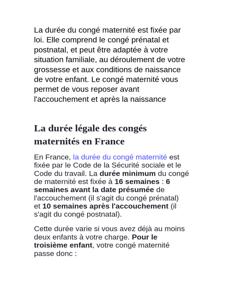 La Durée Du Congé Maternité Est Fixée Par Loi | PDF | Grossesse | Salaires