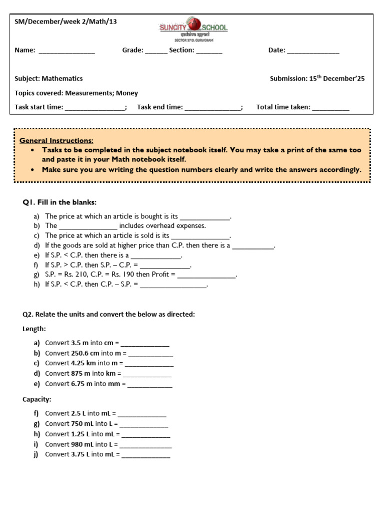 Grade V - Weekend HW - Measurements Money | PDF
