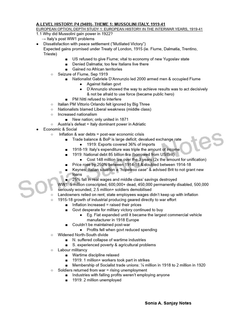 Cambridge A Level History 9489 Paper 4 Mussolinis Italy 1919 41 Notes P ...