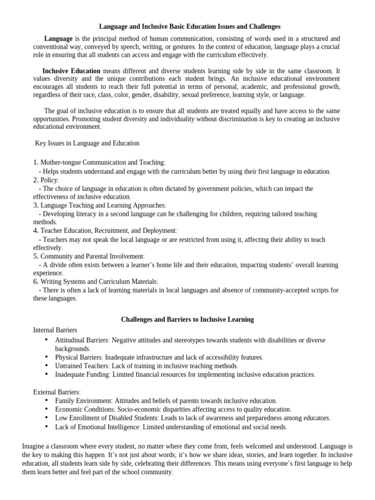 Language and Inclusive Basic Education Issues and Challenges 1 | PDF ...
