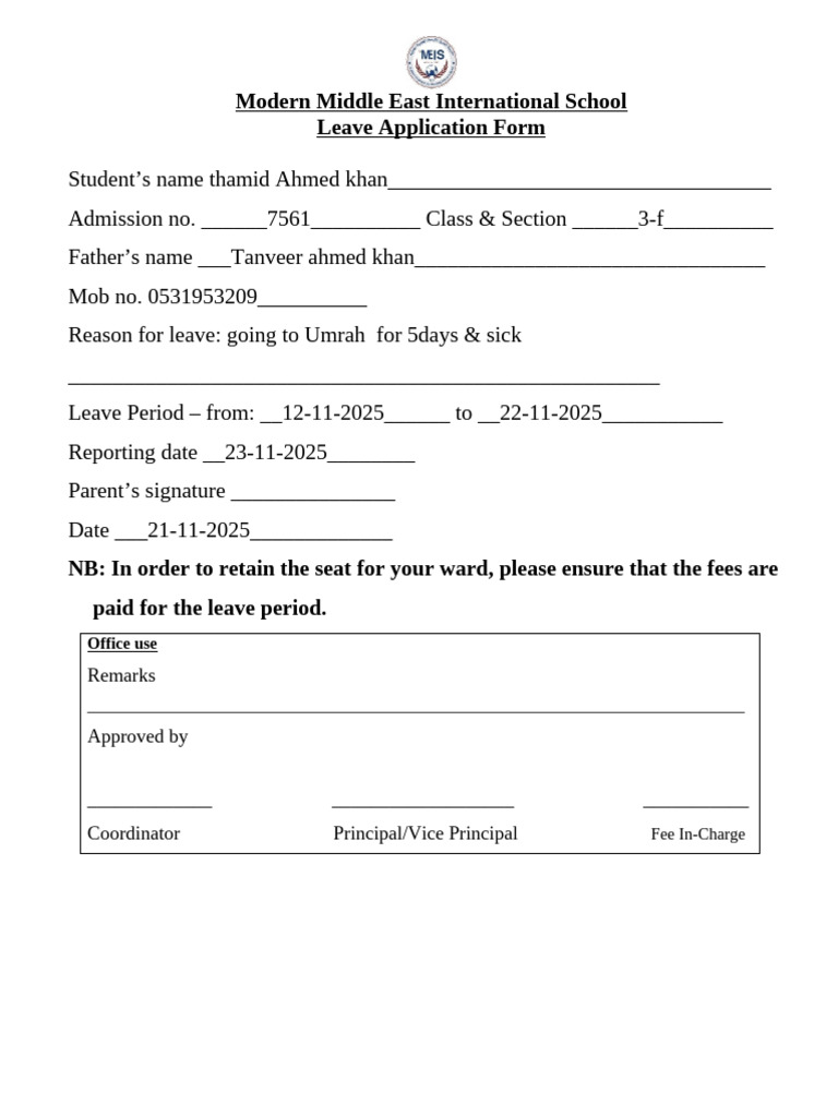 Student Leave Application Yousuf | PDF
