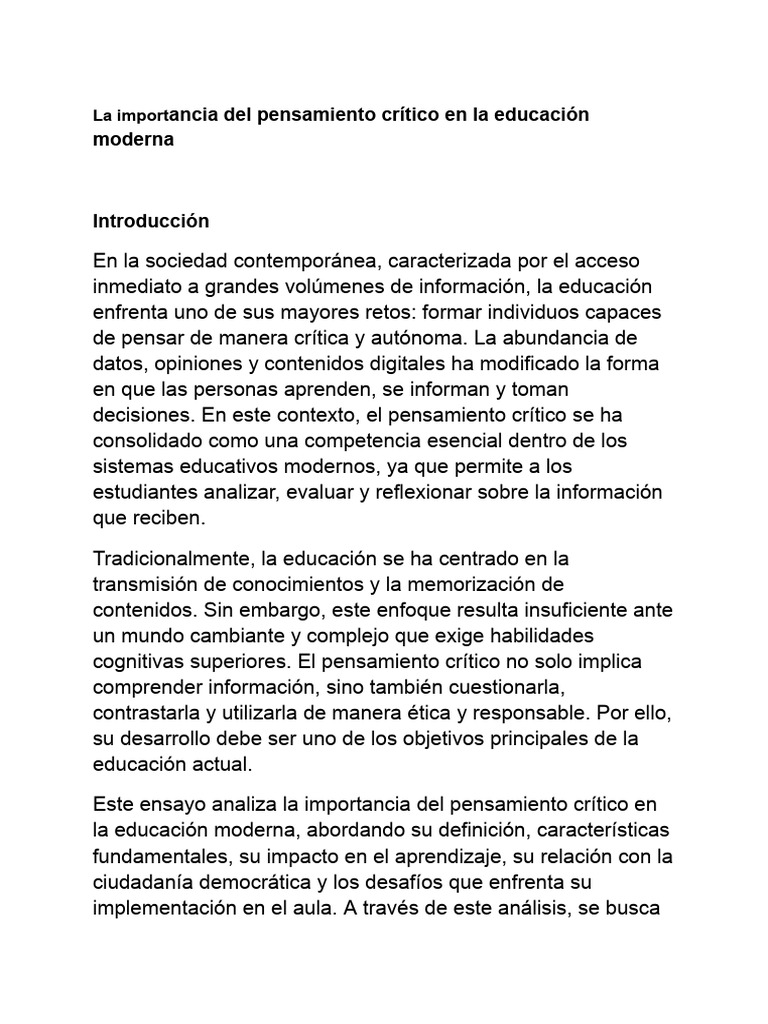 La Importancia Del Pensamiento Crítico en La Educación Moderna | PDF ...