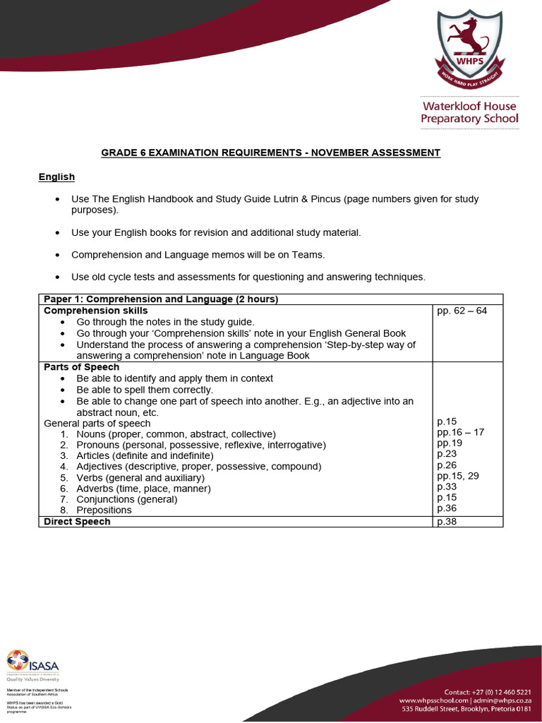 Grade 6 Study Requirements November Examinations | PDF | Part Of Speech ...