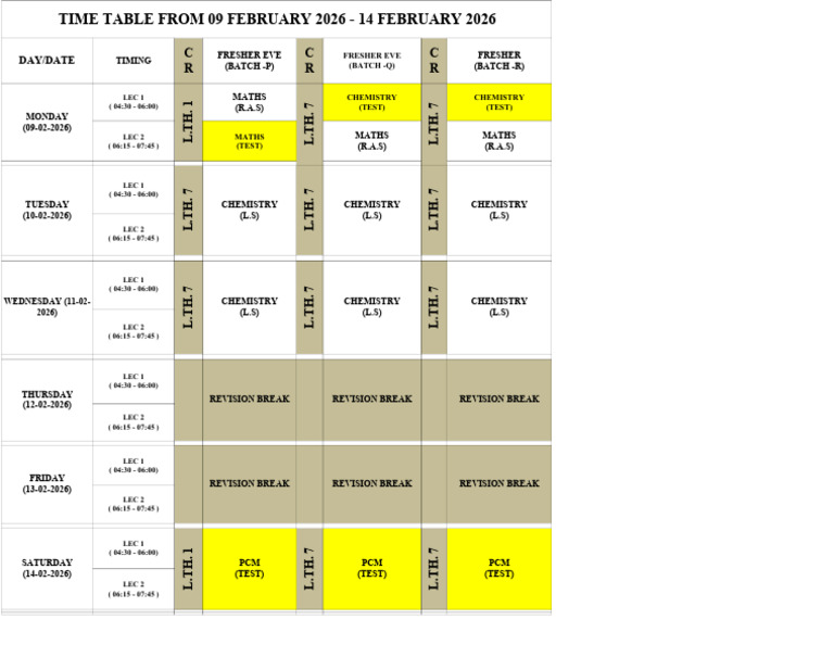 Fresher All Timetable 09 Feb. to 12 Feb. | PDF