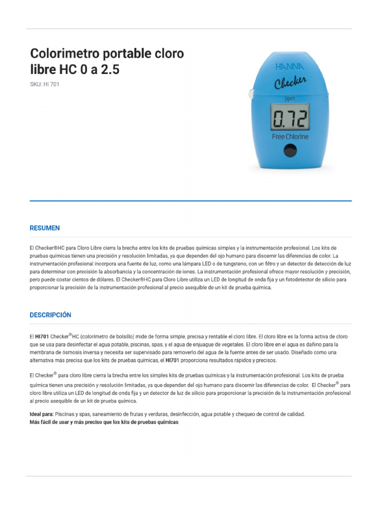 Colorimetro Portable Cloro Libre Hc 0 a 2 5 | PDF