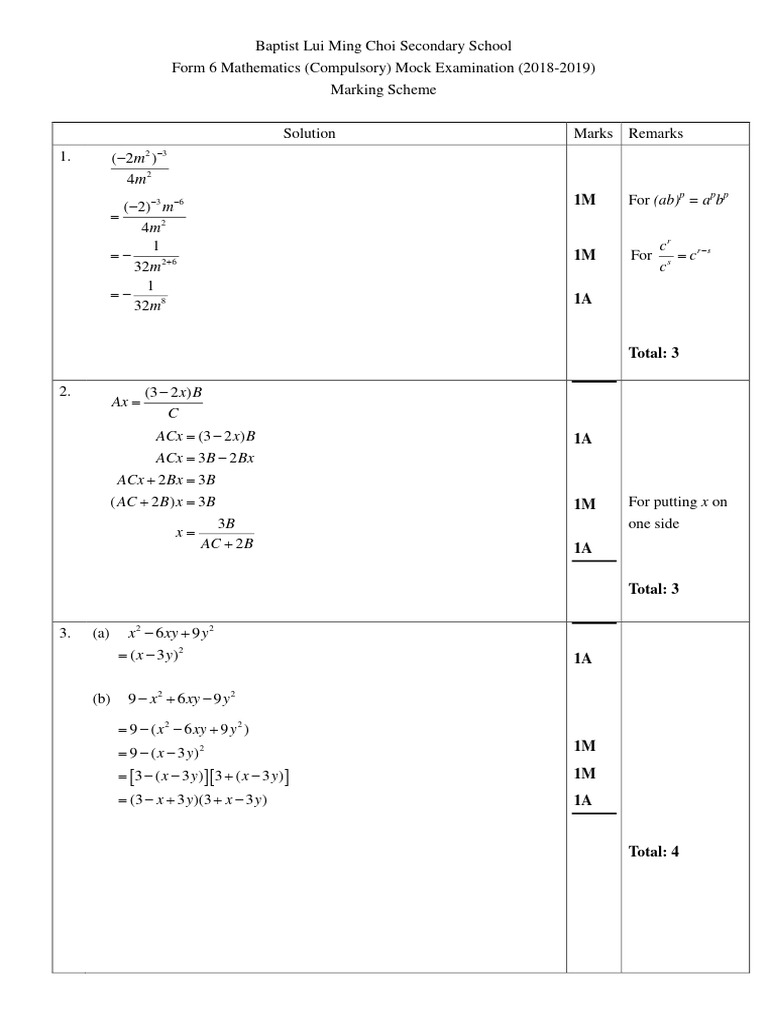 2018-19 F6 Math Mock Exam Paper 1 2 Solutions | PDF | Mathematics ...