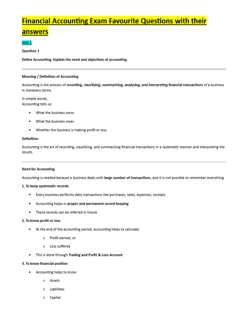 Financial Accounting Exam Favourite Questions With Their Answers | PDF ...