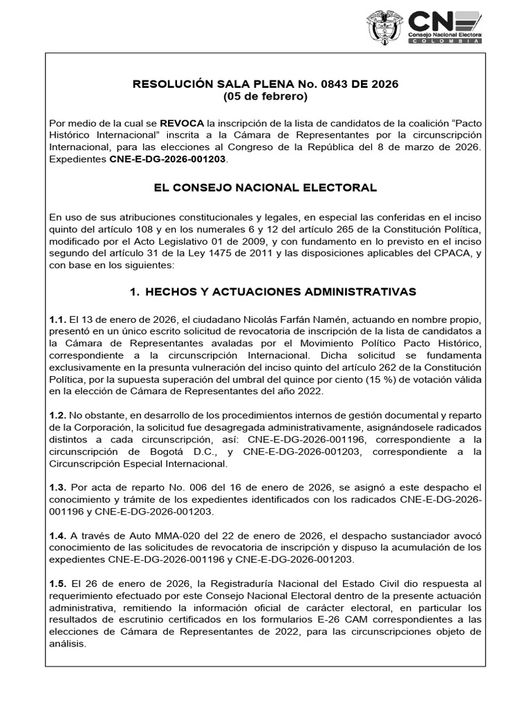RESOLUCIÓN SALA PLENA No. 0843 DE 2026 | PDF | Elecciones | Caso de ley