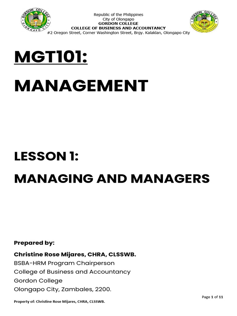 Module Mgt101 - Management - Lesson 1 - Managing and Managers | PDF ...