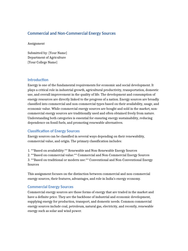 Commercial and Non Commercial Energy Sources Assignment | PDF | Energy ...