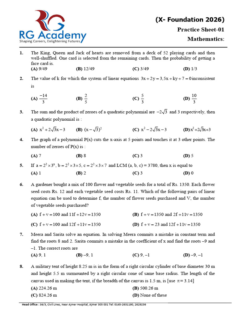 Practice Sheet-01 - Mathematics - 04.02.2026 (X - Foundation) | PDF ...