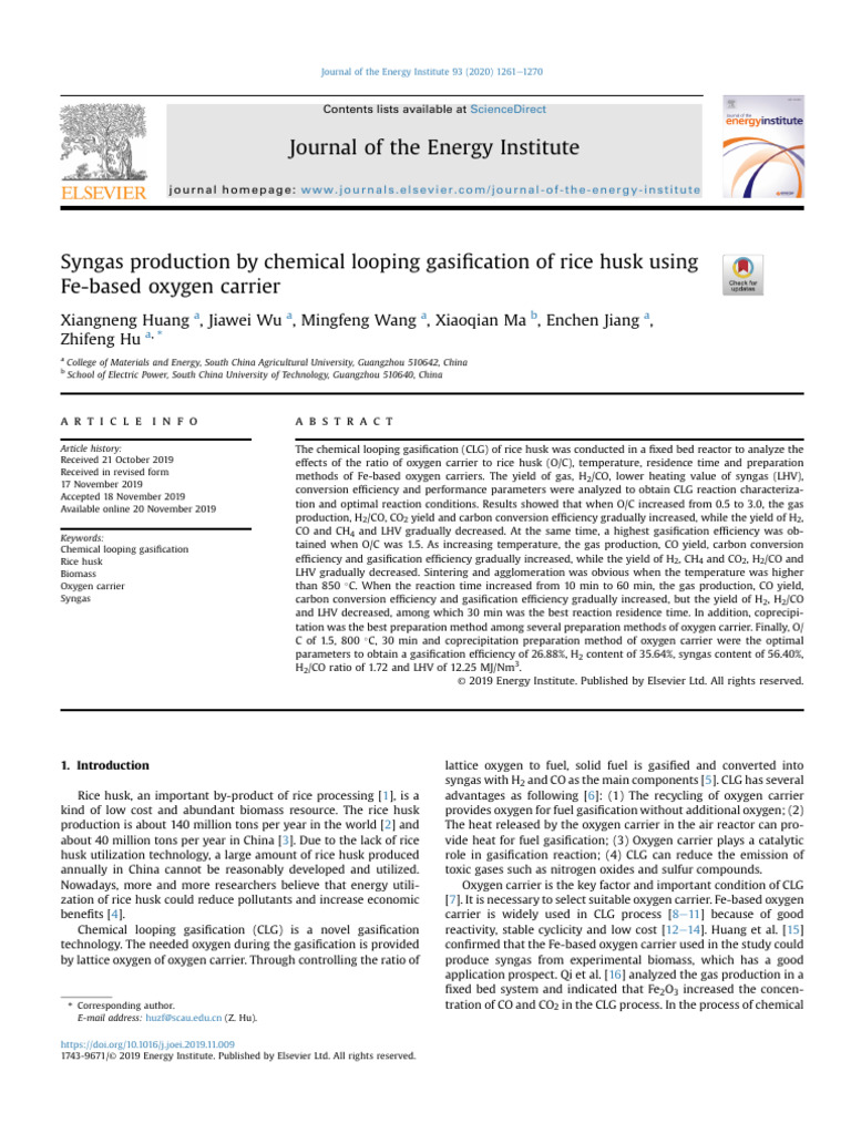 Syngas Production by Chemical Looping Gasification of Rice Husk Using ...