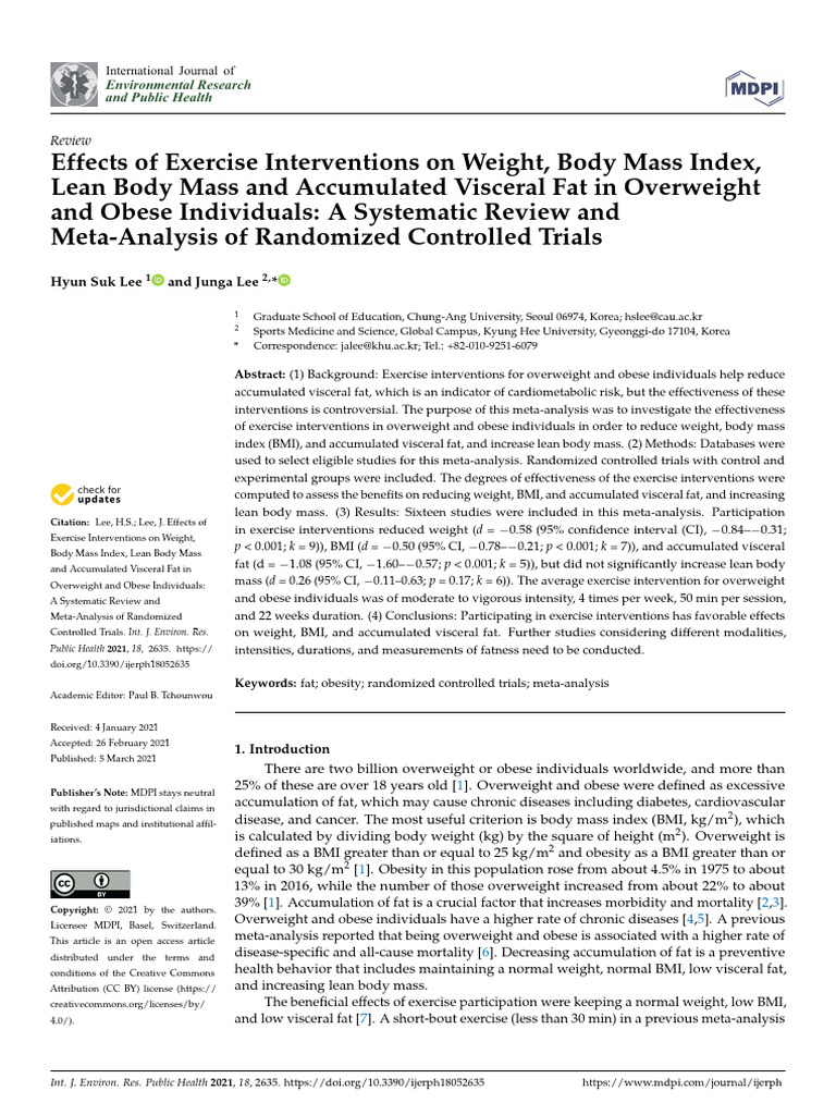 Effects of Exercise Interventions On Weight, Body Mass Index, Lean Body ...