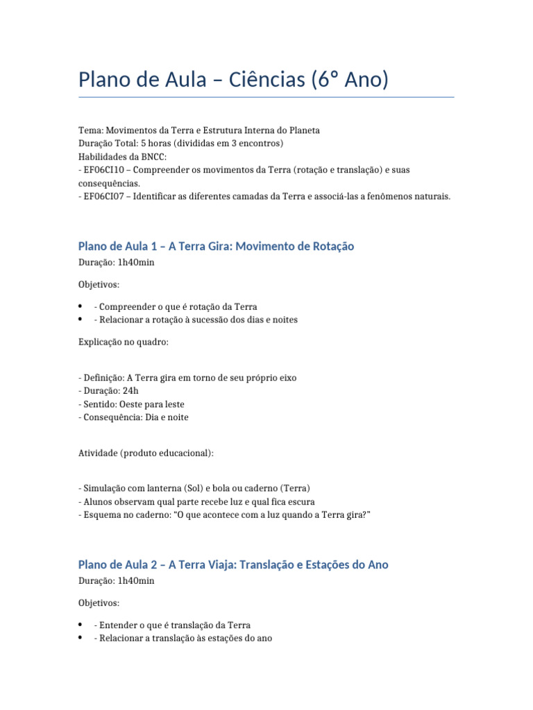 Plano de Aula Ciencias 6ano | PDF