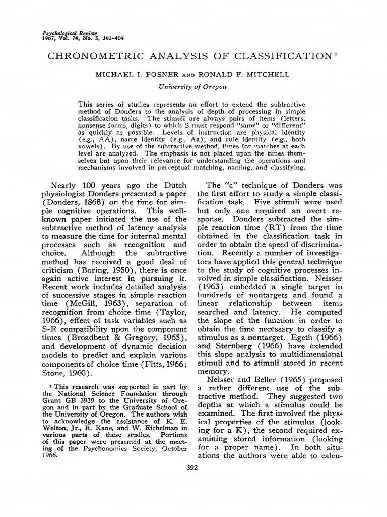 Chronometric Analysis of Classification | PDF | Experiment | Mental ...