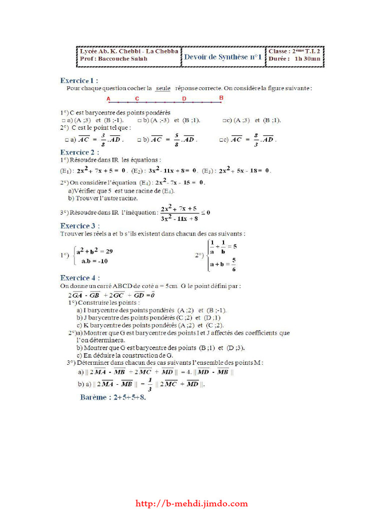 Devoir de Synthèse #1 - Math - 2ème TI (2008-2009) | PDF