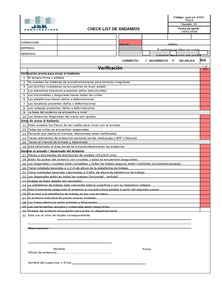 Check List de Andamio | PDF | Andamio
