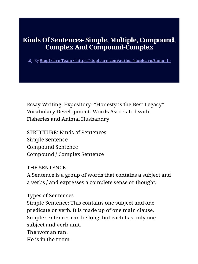 KindsOfSentences Simple, Multiple, Compound, ComplexAndCompound Complex ...