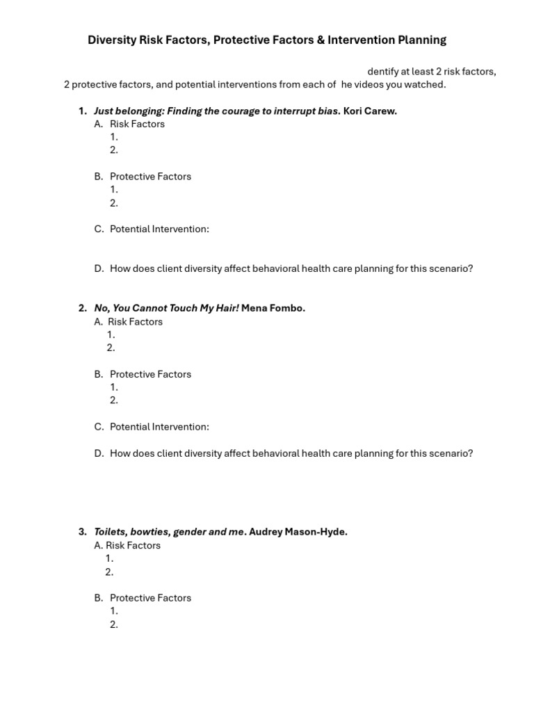 Risk Protective Factors Intervention Planning Worksheet | PDF