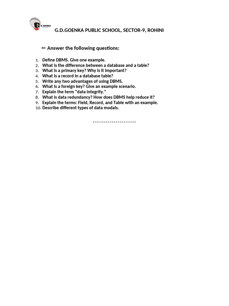Short Ans Questions DBMS Class 10 | PDF