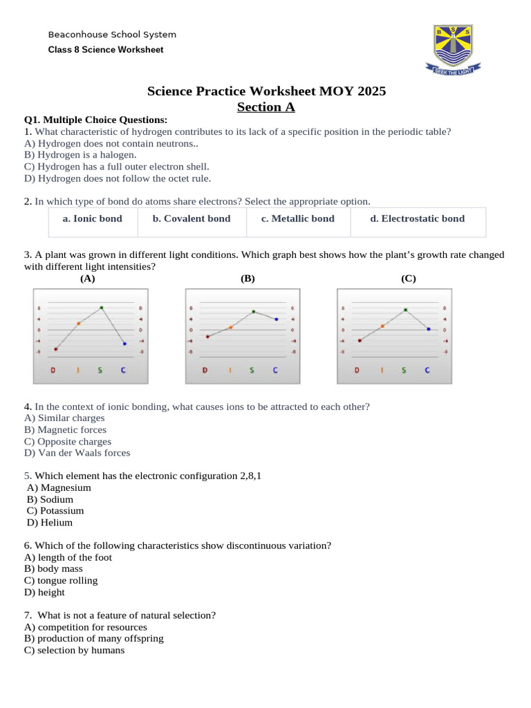 MOY Practice Worksheet Grade 8 | PDF | Chemical Bond | Ionic Bonding