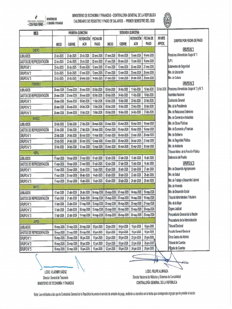 Calendario de Registro y Pago de Salario Primer Semestre Del 2026 003 | PDF
