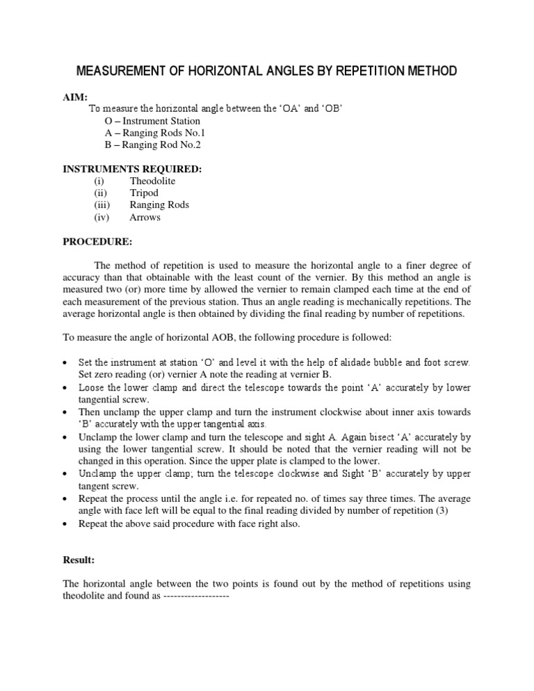 Measurement of Horizontal Angles by Repetition Method | PDF | Angle | Tools