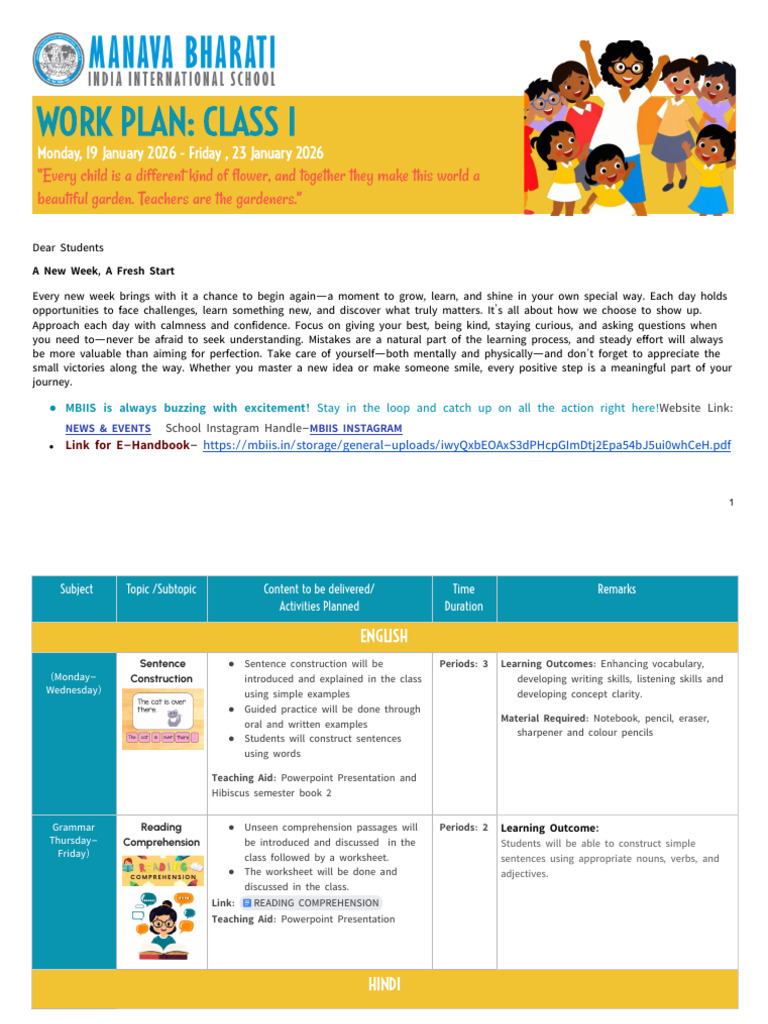 Work Plan Class I - 19 January To 23 January 2026 | PDF | Cognition ...