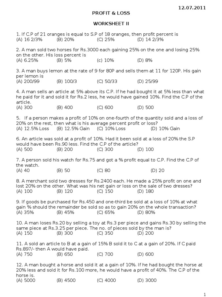 Profit and Loss Practice Questions | PDF | Prices | Profit (Accounting)