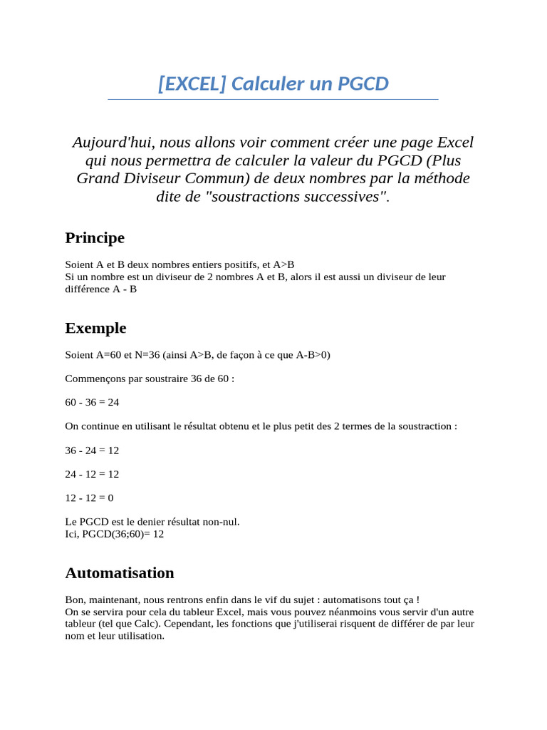 (Excel) Calculer Un PGCD | PDF | Microsoft Excel | Feuille de calcul
