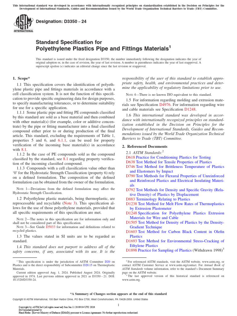Polyethylene Plastics Pipe and Fittings Materials: Standard ...
