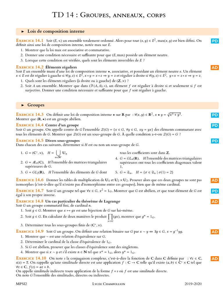 TD14 Structures Algébriques | PDF | Anneau (mathématiques) | Groupe ...