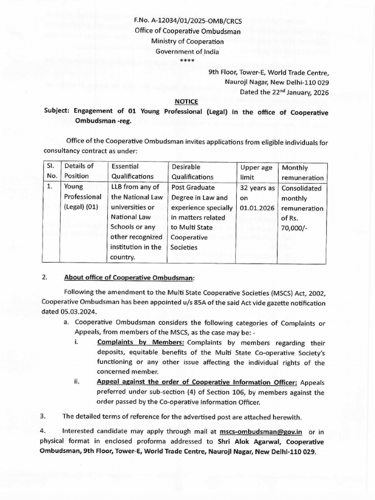 Circular Dated 22.01.2026 - Young Professional (Legal) in O o CO | PDF