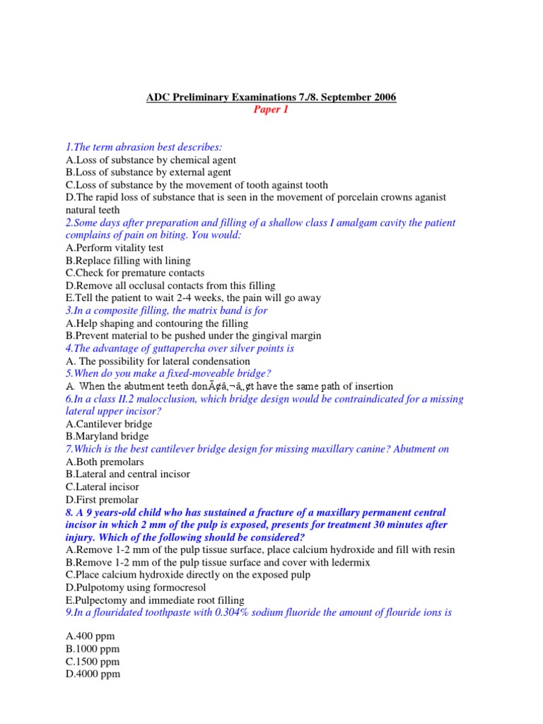 Sep 2006 MCQ Paper PDF Dentures Dental Implant