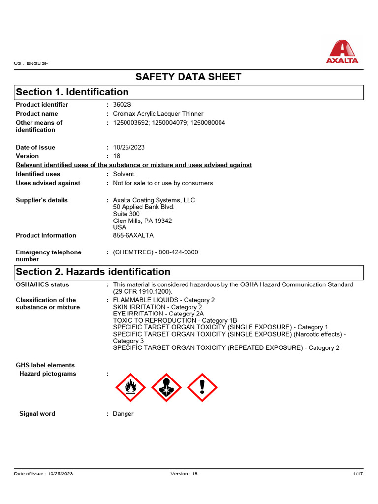 Acrylic Lacquer Thinner SDS | PDF | Safety | Occupational Safety And Health