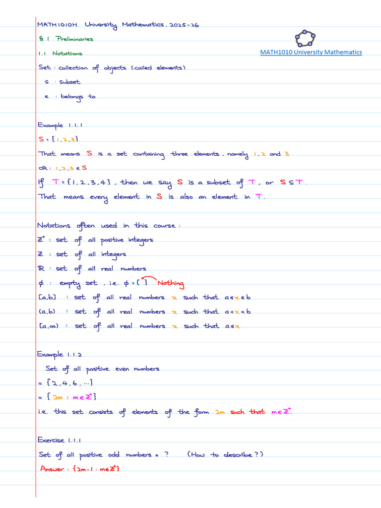 Math 1010 Lecture Notes (2025-26) | PDF