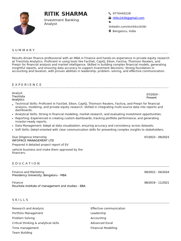 RITIK SHARMA - Investment Banking Analyst - Resume | PDF | Analytics ...