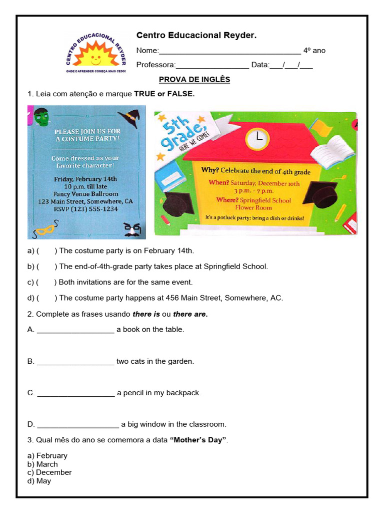 Prova Ingles 4 ° Ano 4 B | PDF