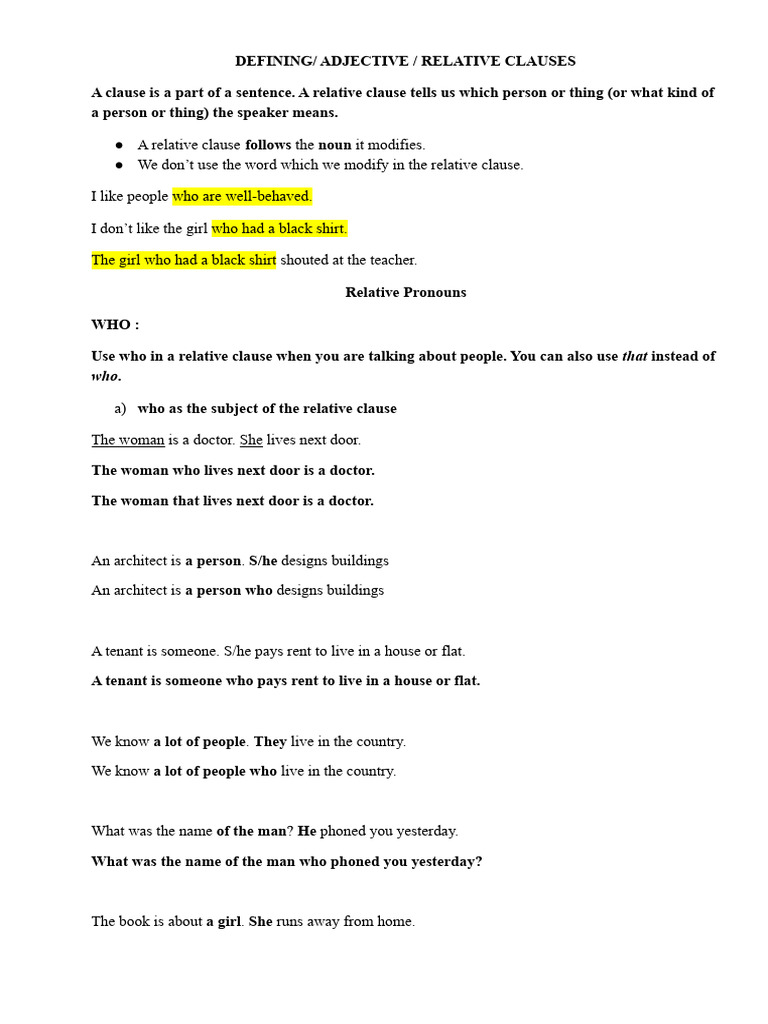 Relative Clauses & Exercises | PDF | English Language | Linguistics