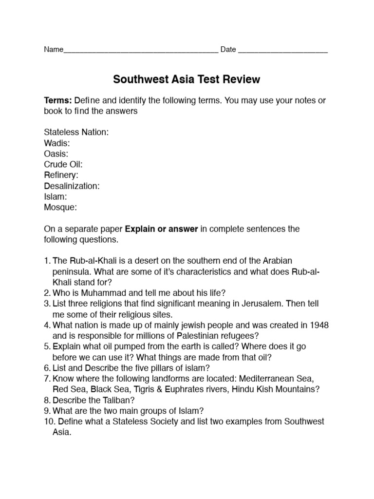 SW Asia Test Review | PDF