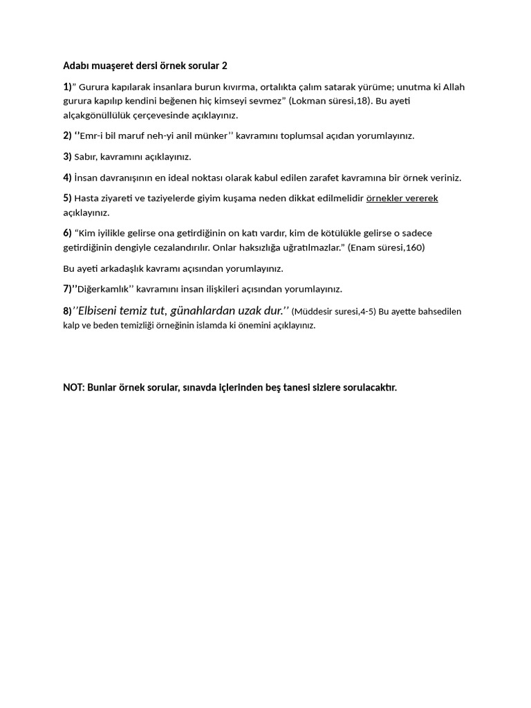 adabı muaşeret örnek sorular 2 | PDF