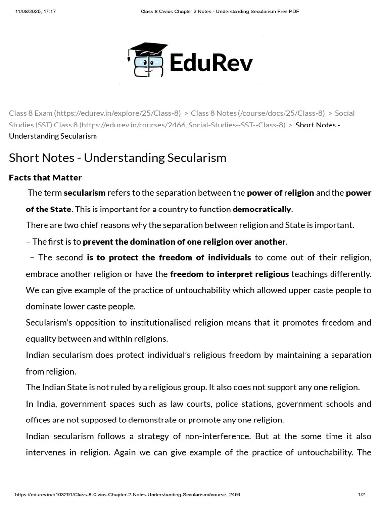 Class 8 Civics Chapter 2 Notes | PDF | Secularism | Separation Of ...