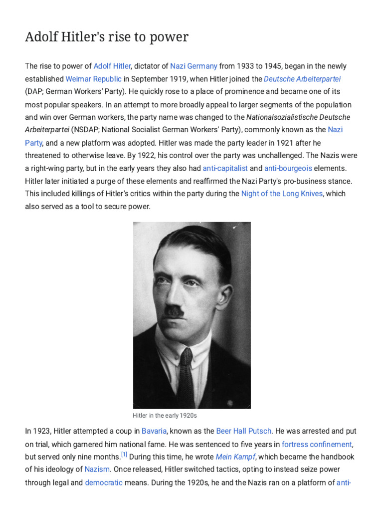Adolf Hitler's Rise To Power - Wikipedia | PDF | Nazi Party | Adolf Hitler