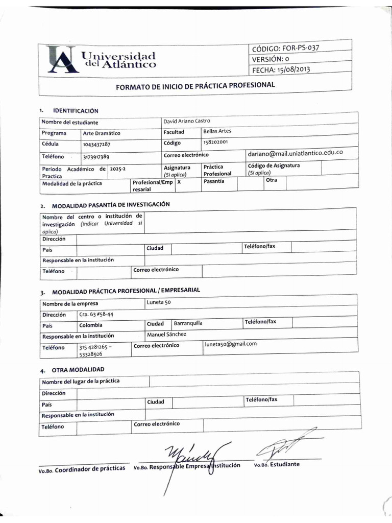 Formato Inicio de Prácticas Profesional | PDF