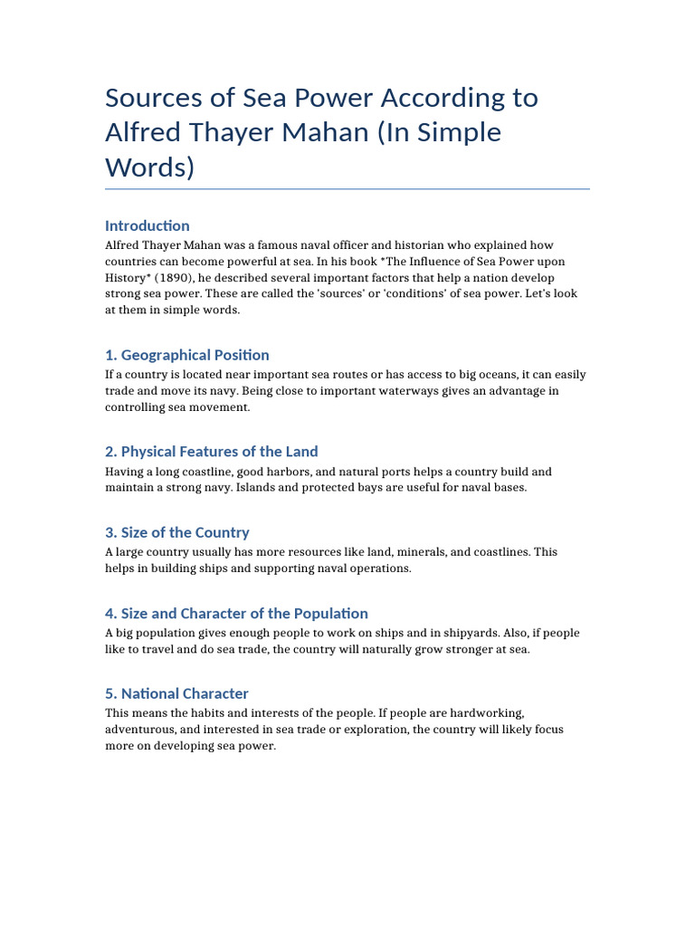 Mahan Sources of Sea Power Simple | PDF