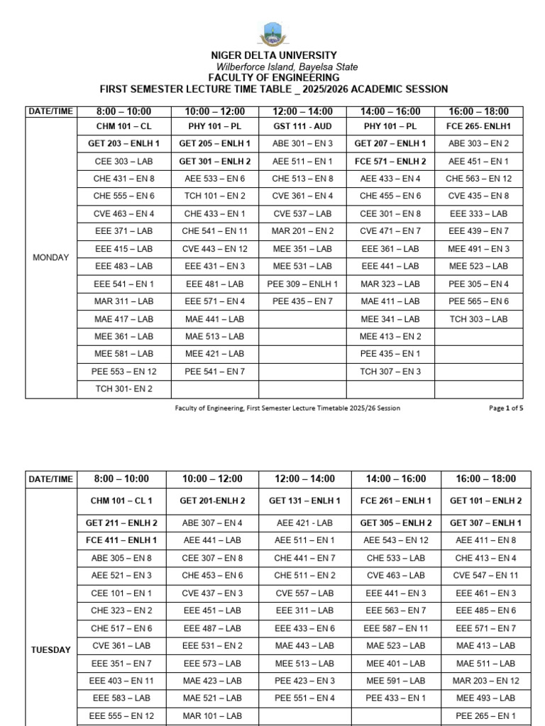 FoEn First Semester Lecture Timetable 2025 26 Session | PDF
