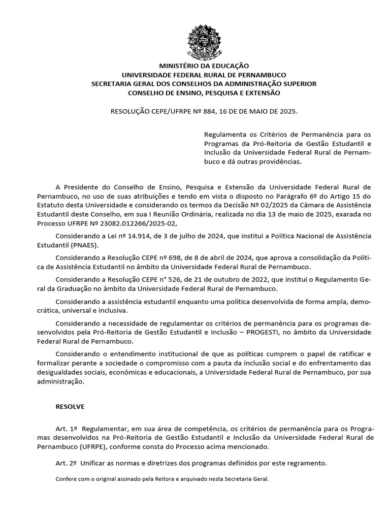 Resolucao Cepe Ufrpe 884 | PDF | Universidade